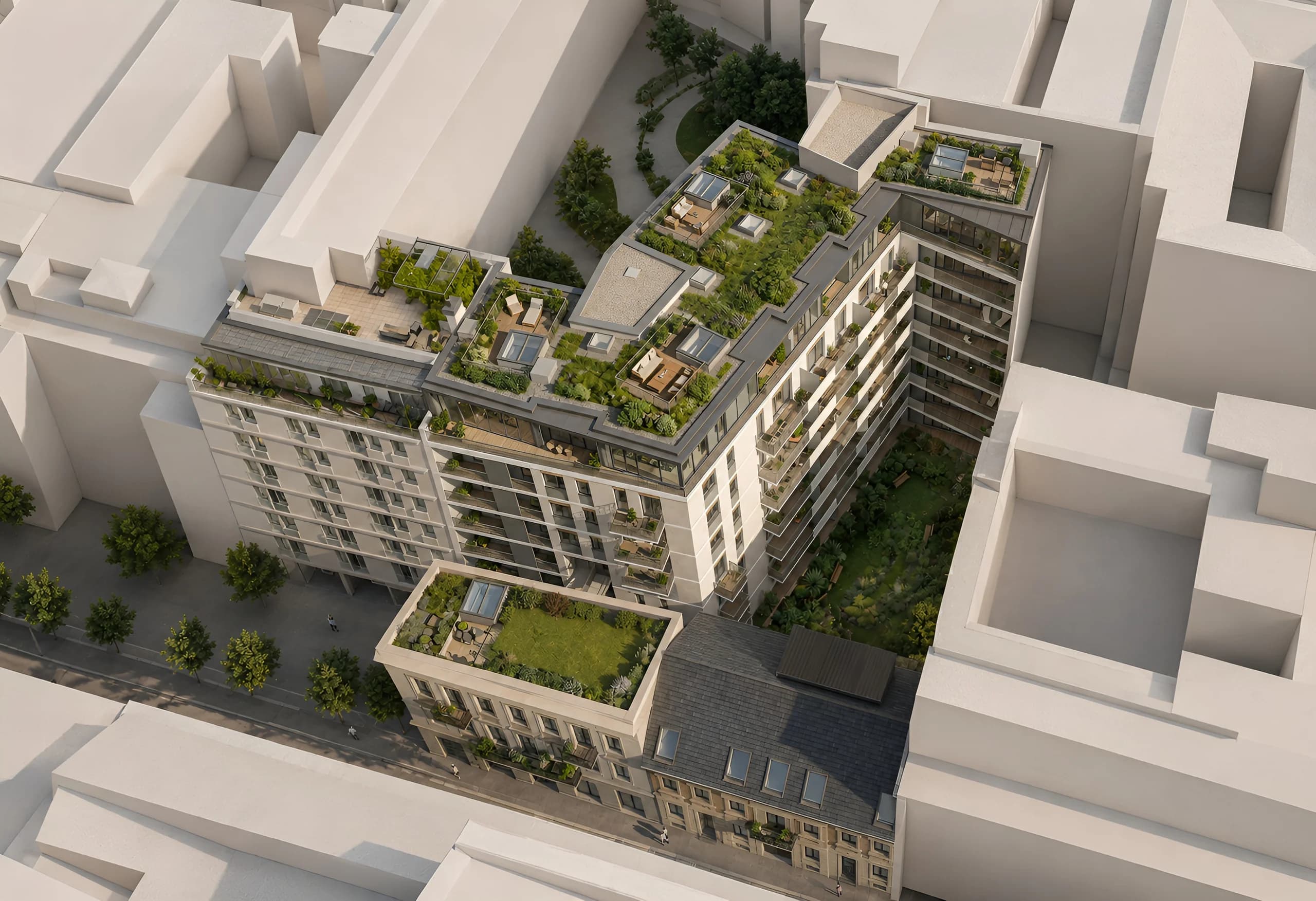 Aerial rendering of YARA Residence at Klauzál utca 7–9, District VII, Budapest